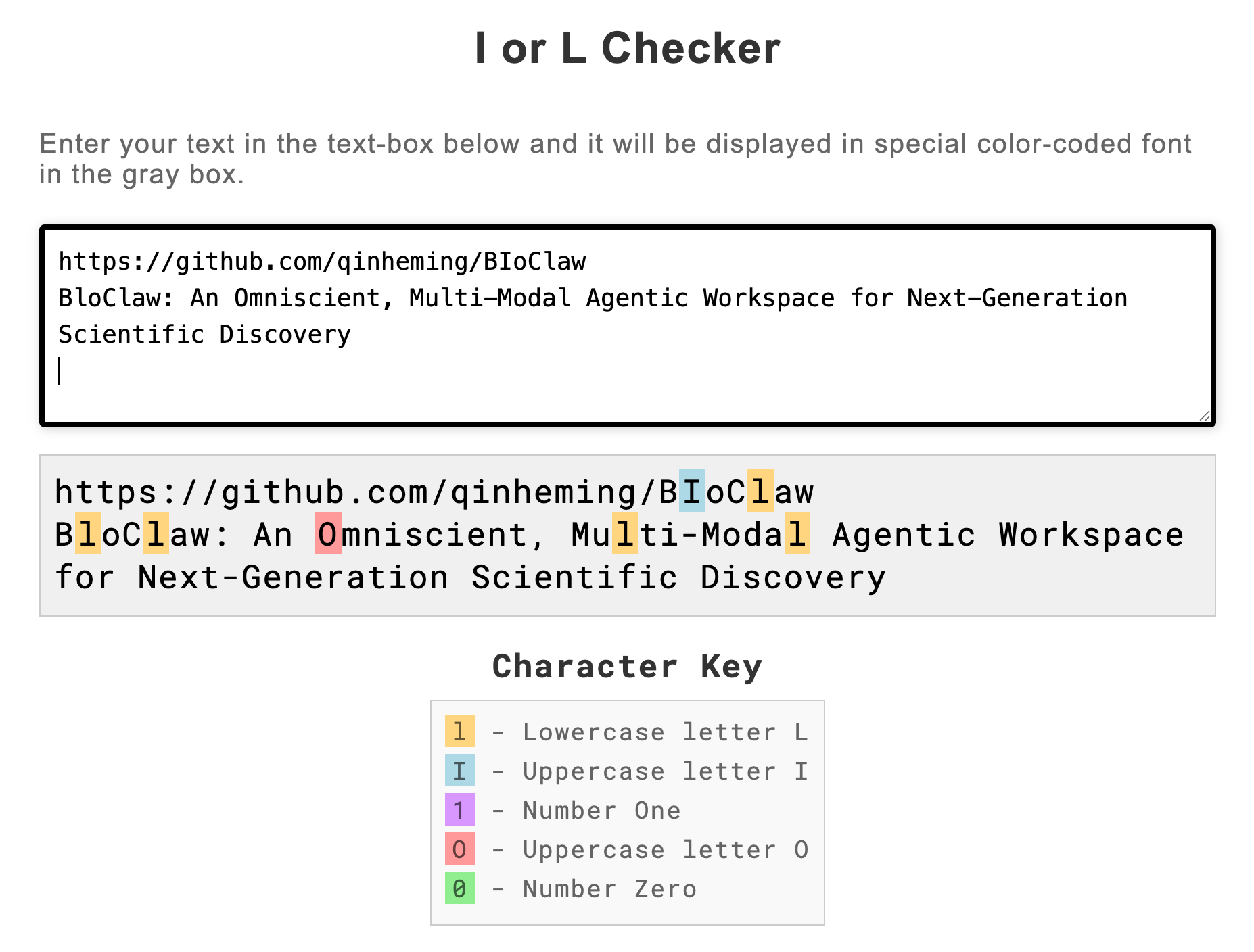 I or L Checker 显示 BioClaw 的 GitHub URL 用了大写 I,而论文标题用了小写 l